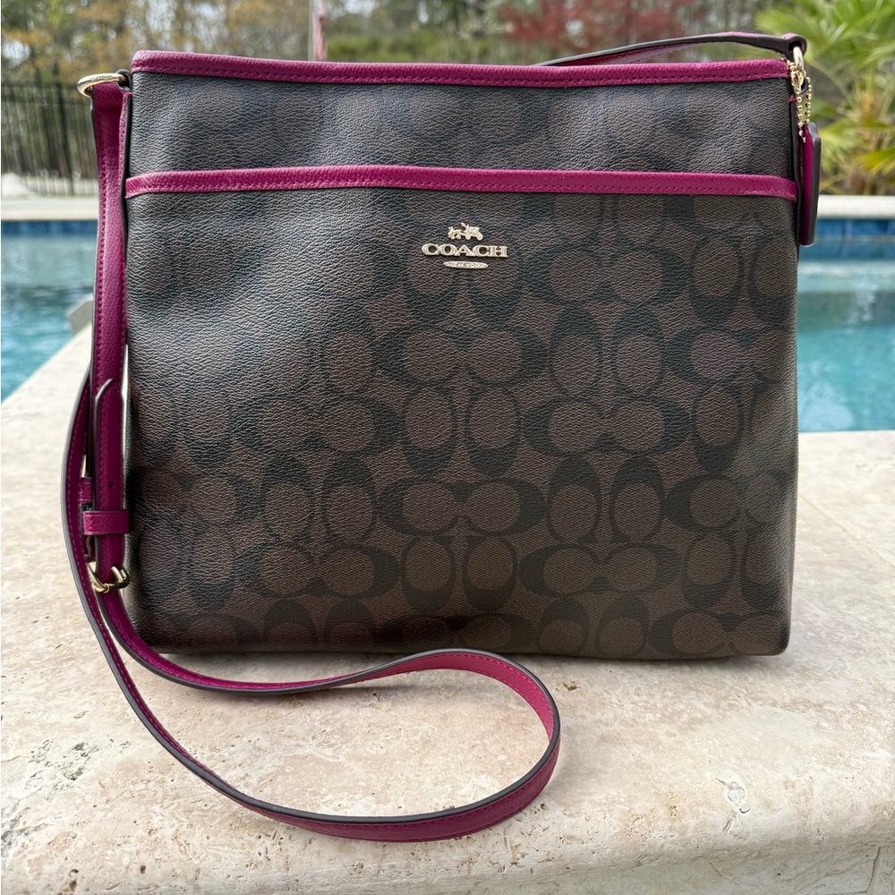 Coach Brown Signature Crossbody with Magenta Trim